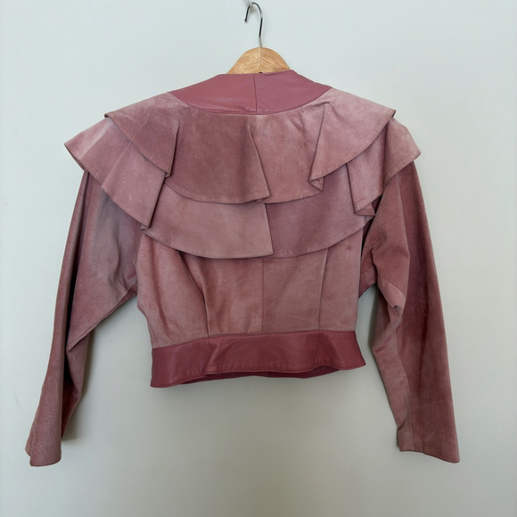 Vintage 80s Danier Pink Suede & Leather Cropped Jacket | Ruffle Collar Statement - Picture 2 of 12